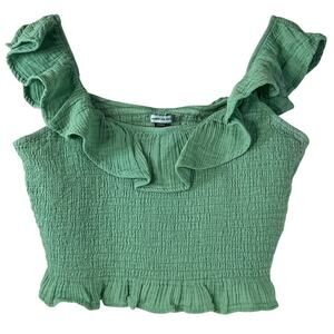 American Eagle Green Ruched Smocked Ruffle Sleeveless Cropped Tank Top Size M